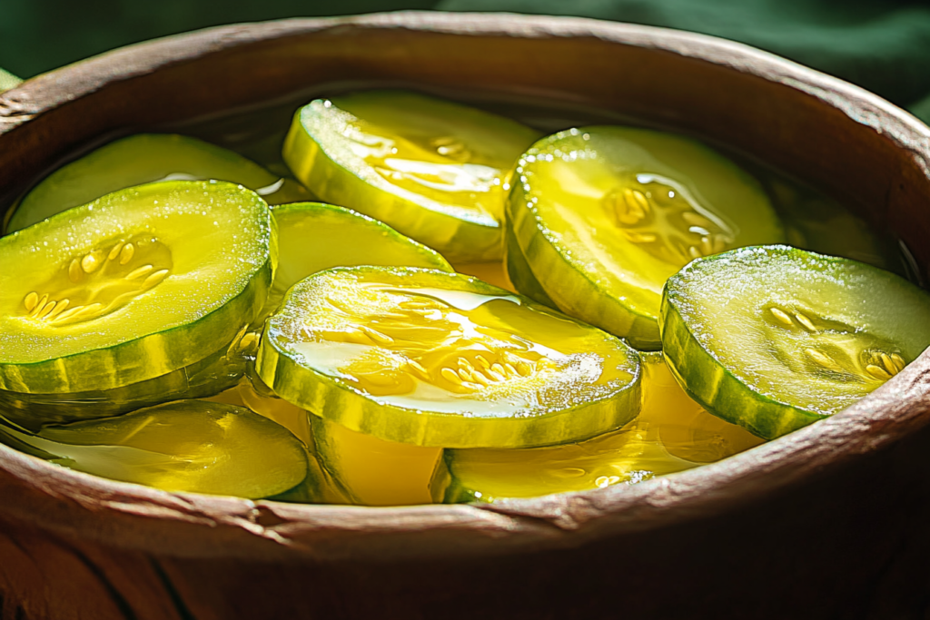 Fresh cucumbers being pickled in a mason jar.